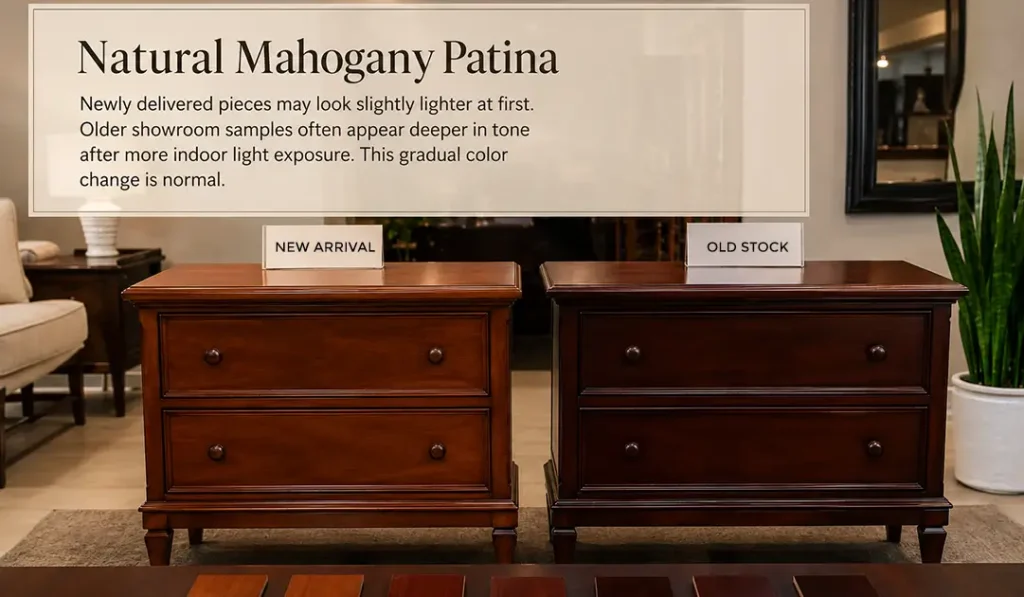 Natural mahogany wood furniture patina showroom in MPP Furniture