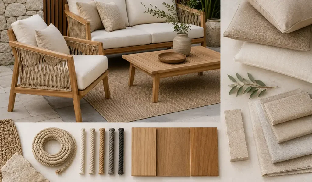Swatch of finishing products, fabrics, ropes for outdoor patio furniture.