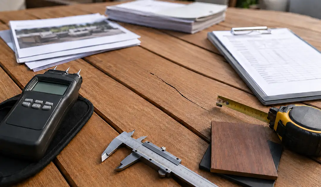Outdoor Furniture with Wood Furniture Crack work inside MPP Furniture Indonesian Manufacturer setup with measurement tools