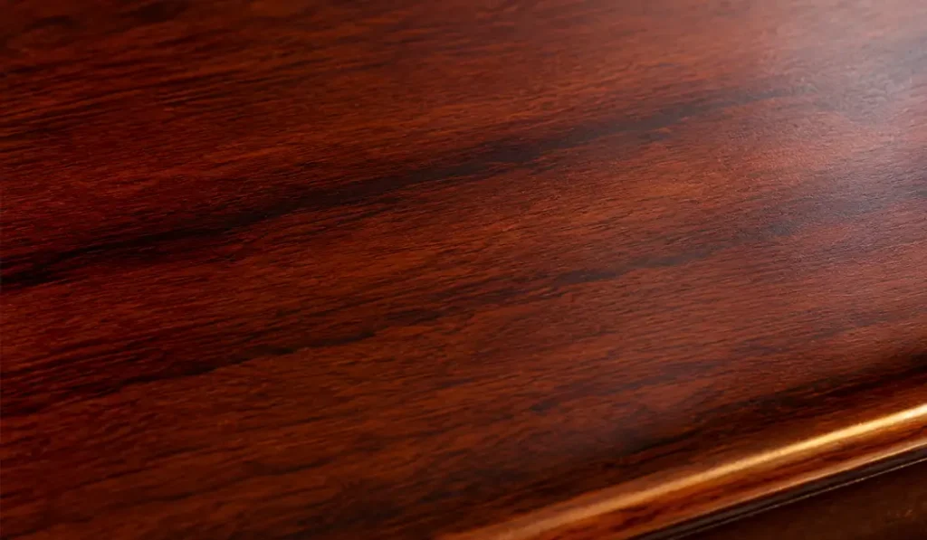Polished mahogany wood furniture surface close-up