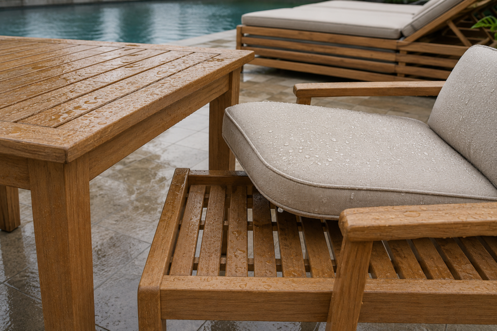 Poolside furniture with slatted teak construction, removable outdoor cushions, stackable loungers, and water drainage details