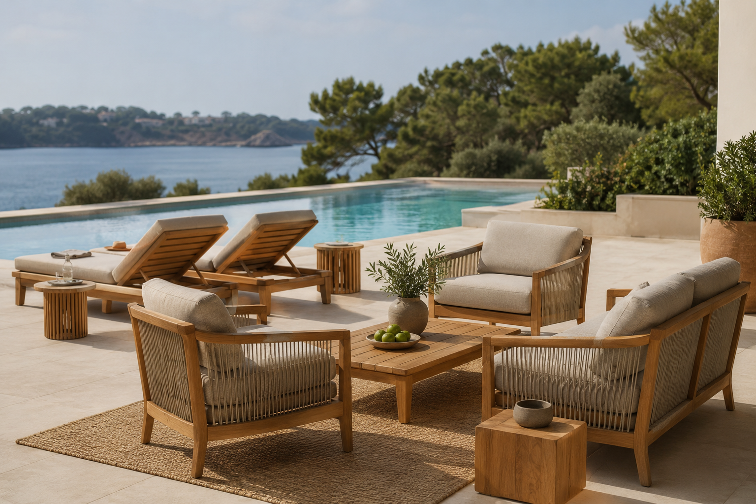 Premium poolside furniture collection with teak loungers, outdoor armchairs, side tables, and neutral cushions beside a modern pool