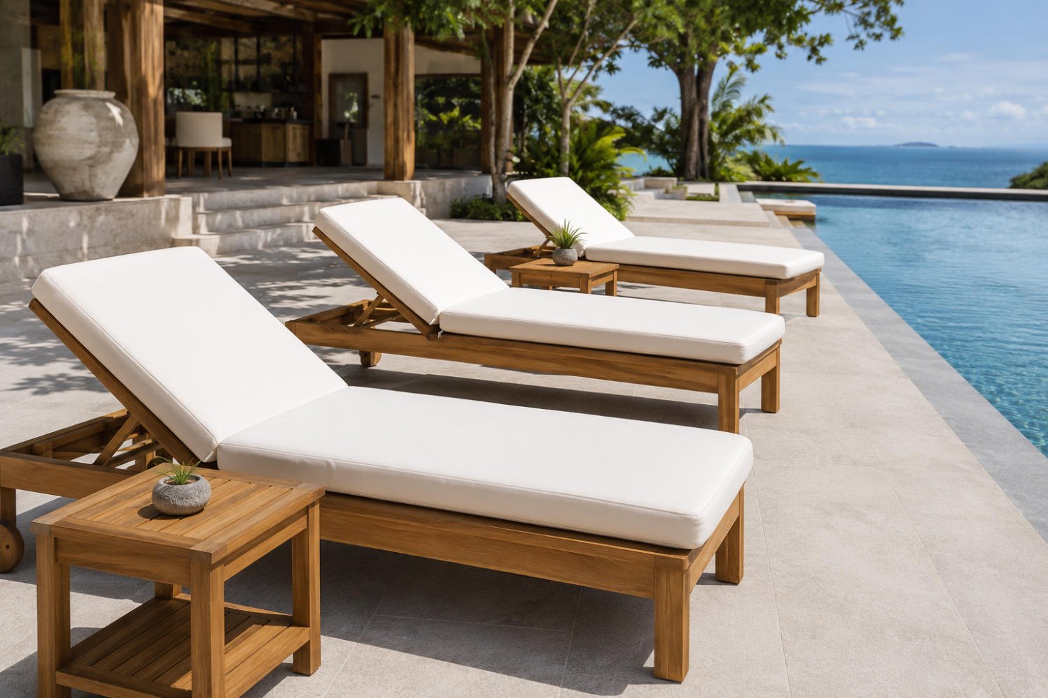 Premium teak poolside lounge chairs with white cushions beside a luxury swimming pool
