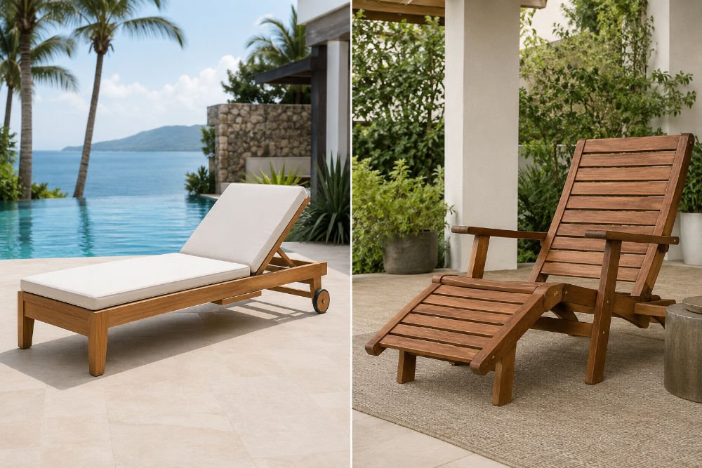 Comparison of teak and acacia outdoor poolside furniture in different patio settings