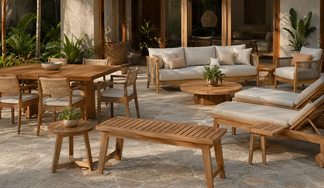 patio indonesian outdoor furniture set which is placed in an outdoor showroom