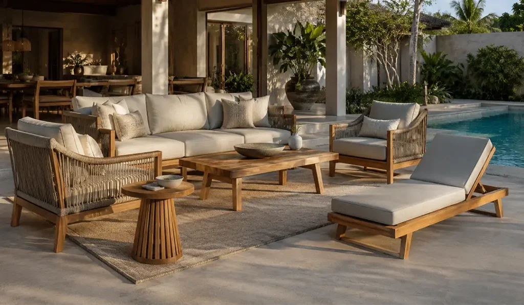 Tropical resort patio indonesian outdoor furniture with poolside seating