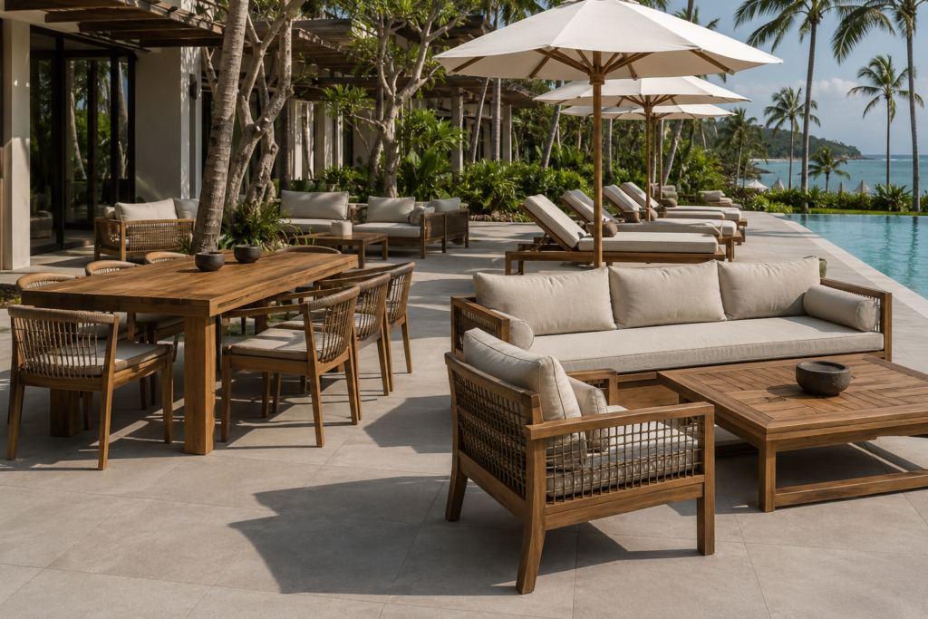 Tropical resort patio outdoor furniture with poolside seating