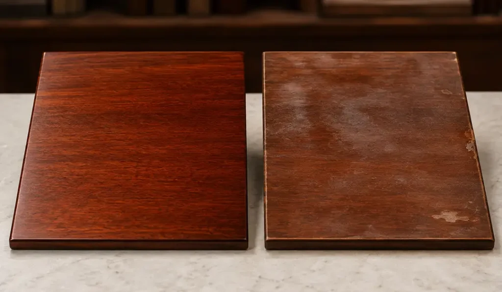 Swatches mahogany wood furniture finish samples on marble table
