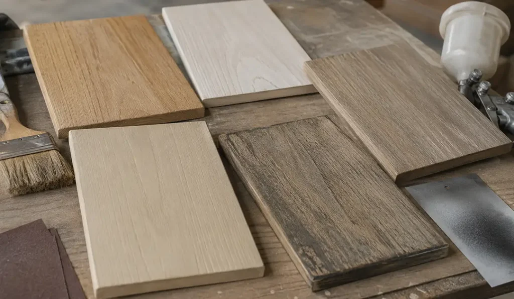 Sungkai wood furniture swatch samples on a workshop table inside MPP Furniture Manufacturer