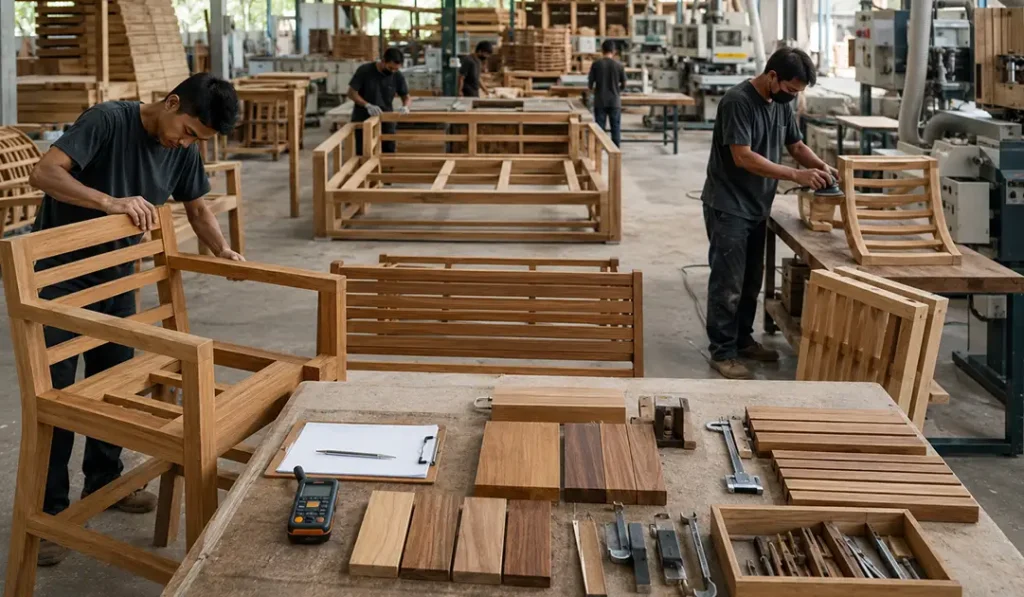 Woodworking in a busy carpentry workshop for checking the product indonesian outdoor furniture dining chair