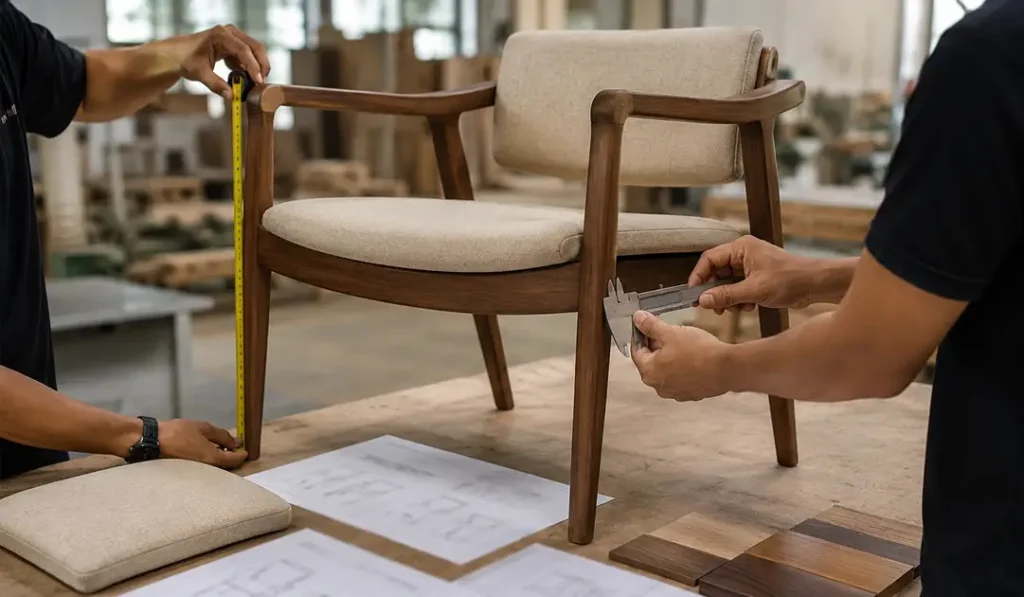 Woodworking professionals measuring an outdoor dining chair design