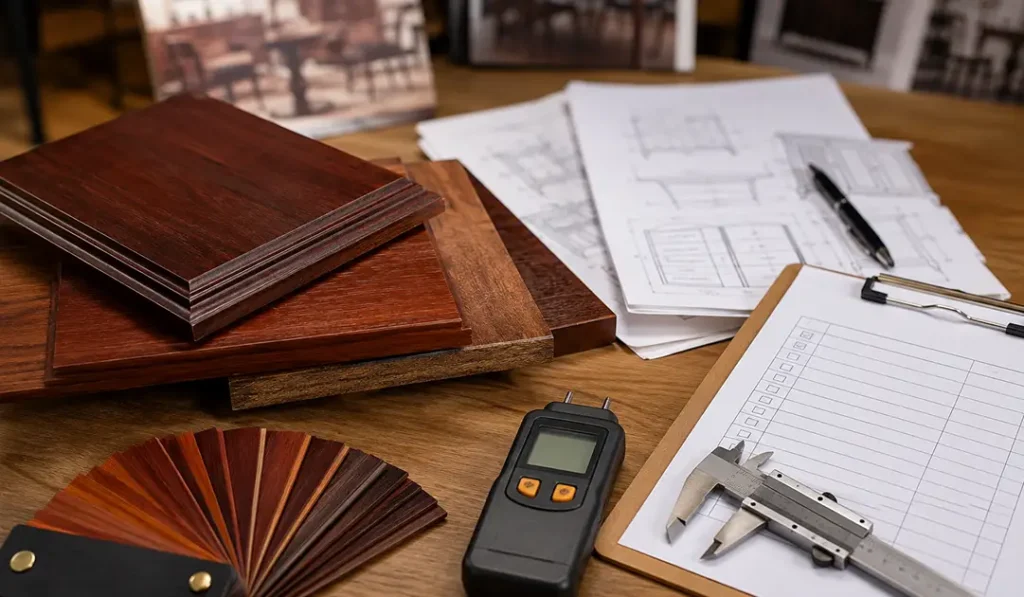 Buyer sourcing check for mahogany indoor furniture production