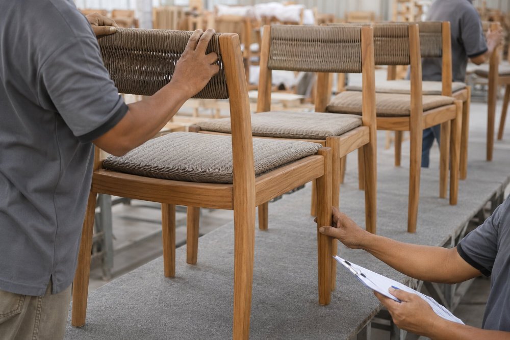Quality control inspection of outdoor dining chairs in an Indonesian furniture factory