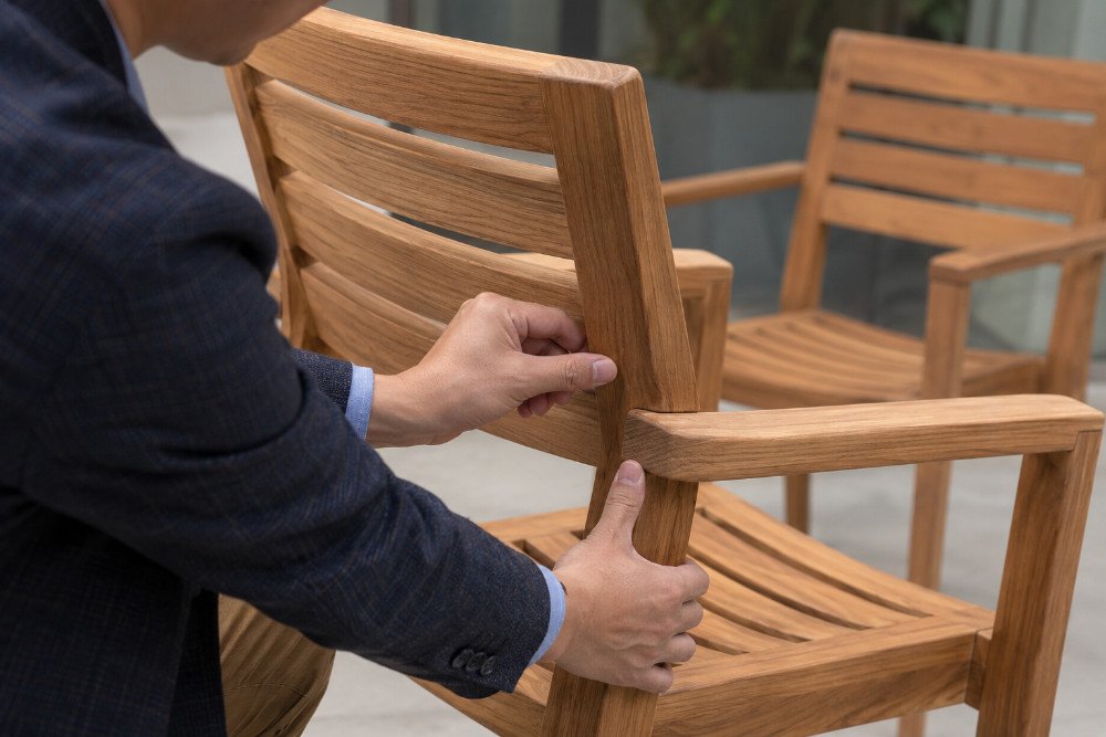 Buyer and Indonesian furniture manufacturer reviewing teak garden furniture specifications before bulk order