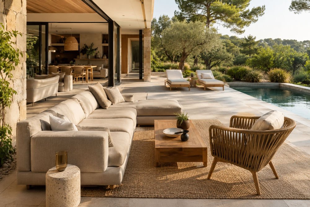 Modern outdoor living space with poolside lounge furniture showing the shift in outdoor furniture demand