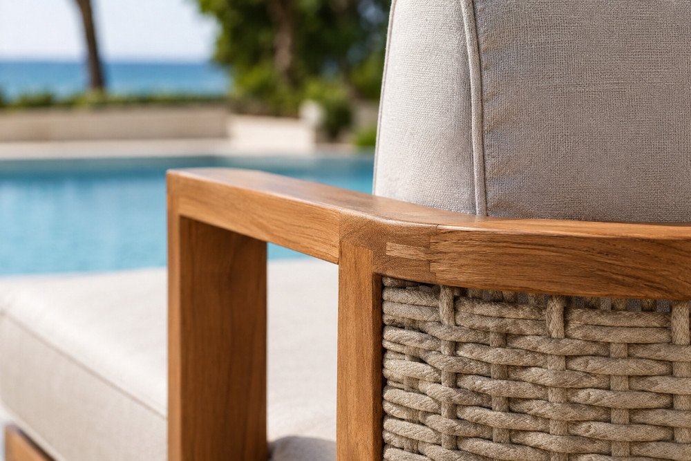 Close-up of teak outdoor rope and weather-resistant cushion materials for poolside furniture products