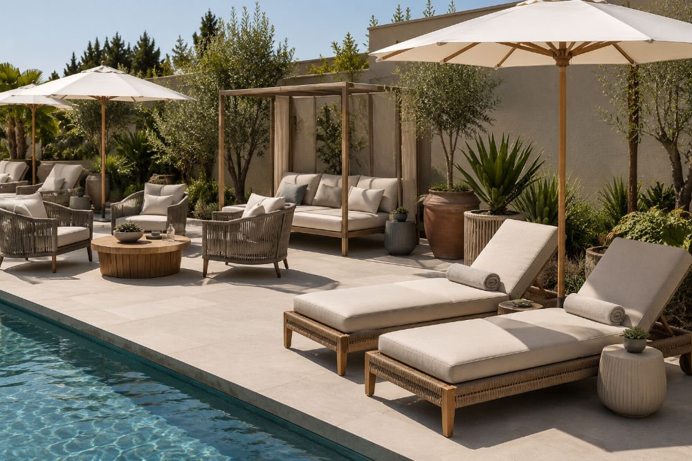 Curated poolside furniture showroom display with loungers daybeds side tables and outdoor lounge chairs