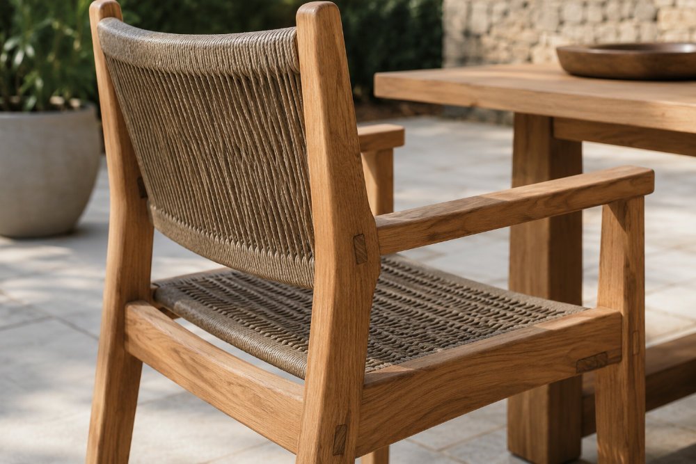 Close-up of teak and rope outdoor dining chair showing durable construction and material quality