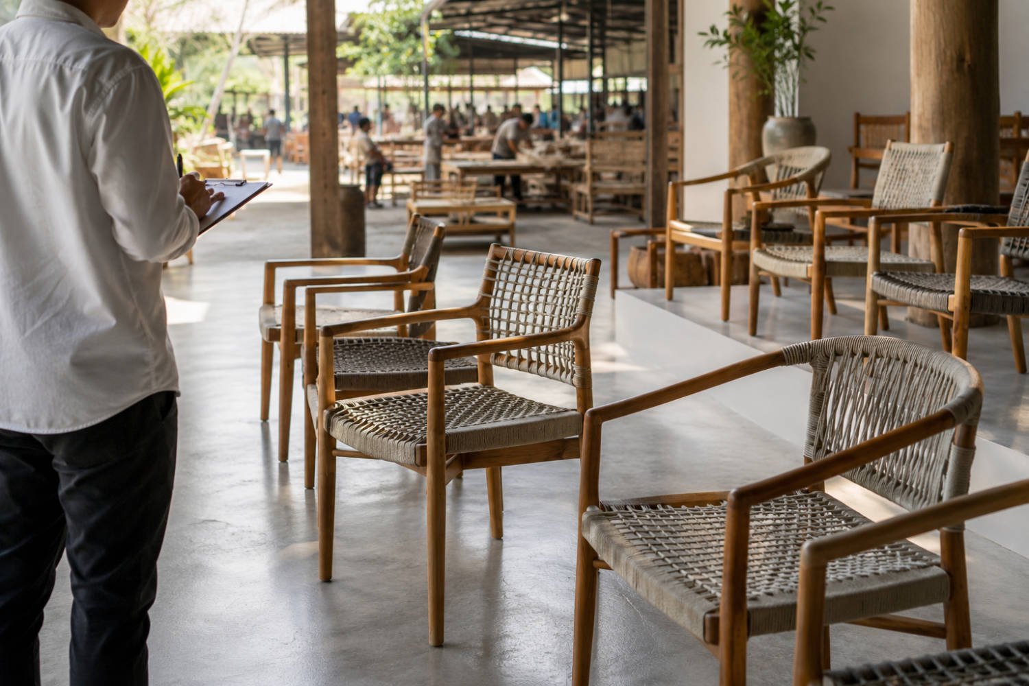 Teak garden furniture bulk order from Indonesia prepared in a factory warehouse for export