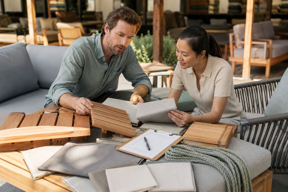 Retailer inspecting poolside furniture materials and product selection checklist