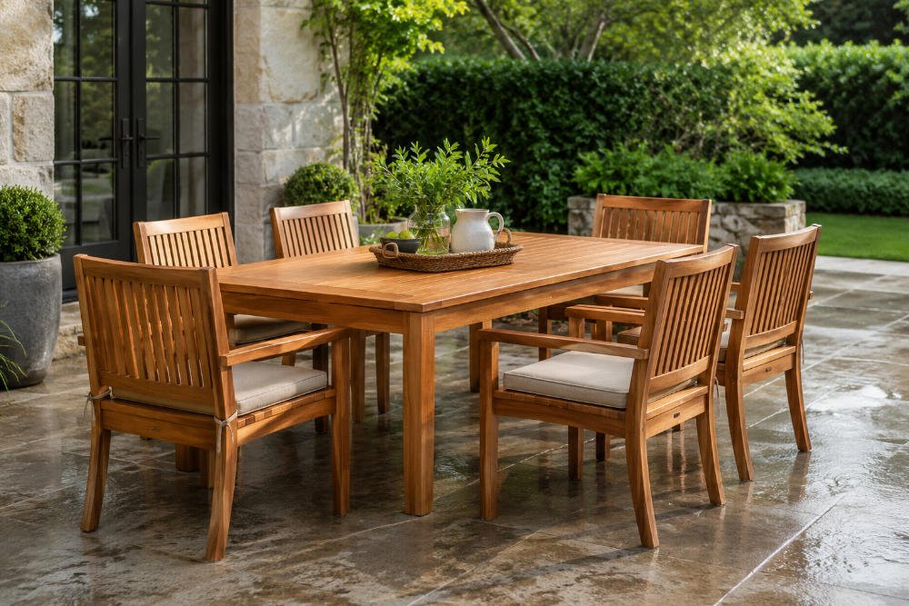Teak outdoor dining chairs in a real patio setting showing why product selection matters