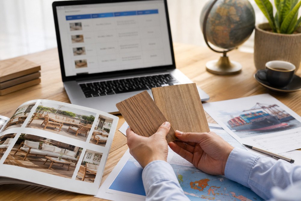 Furniture buyer comparing teak samples and sourcing documents for garden furniture