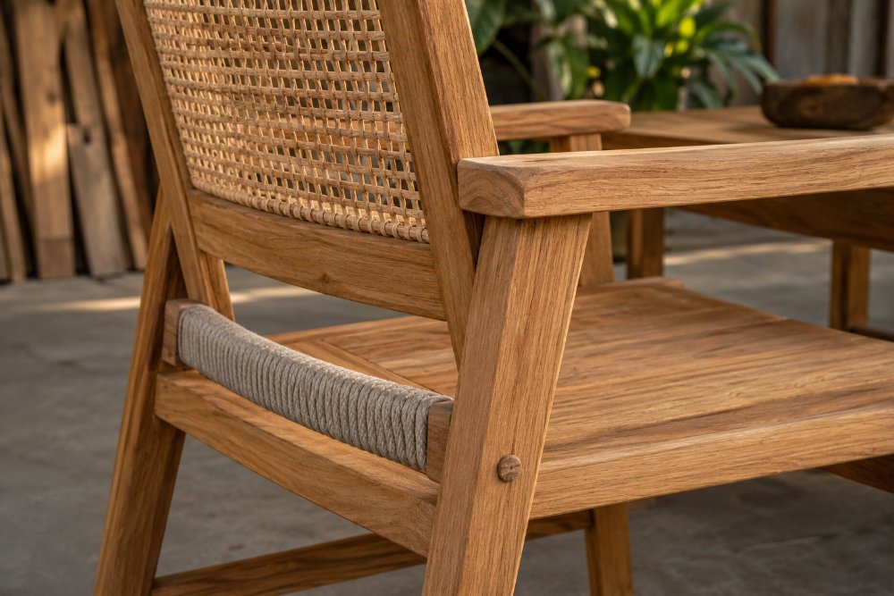 Close-up of teak outdoor dining chair material, joinery, and finishing quality