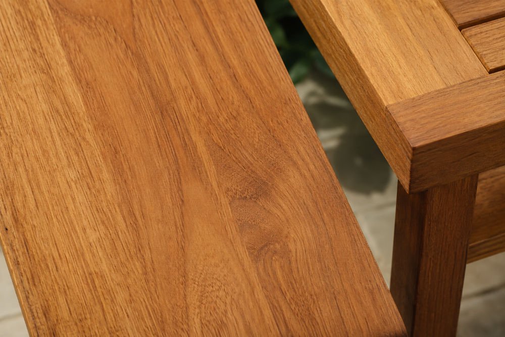 Close-up of teak wood grain showing natural texture and warm color