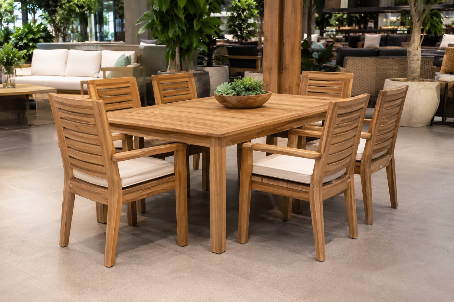 Outdoor dining chairs displayed in a modern retail showroom for furniture buyers