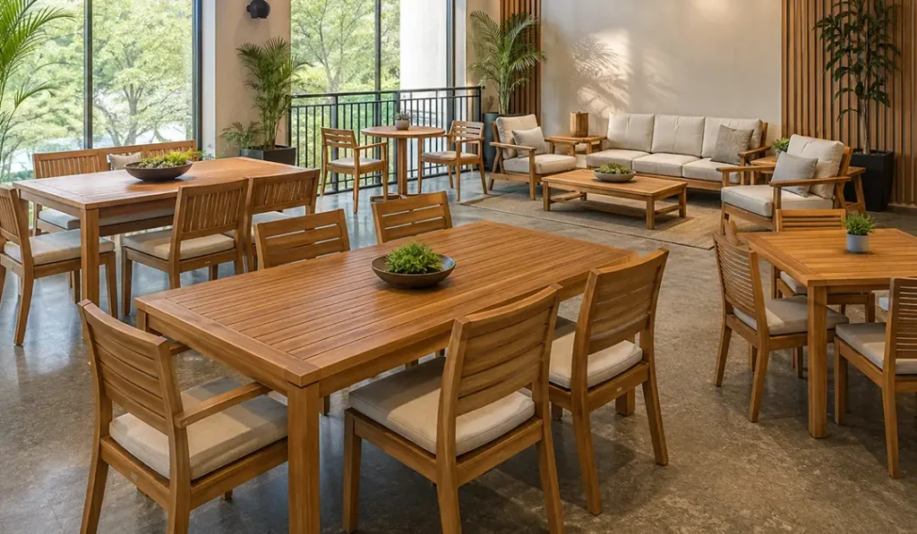 Teak dining, compact patio, and lounge furniture arranged as a coordinated year-round outdoor retail collection.