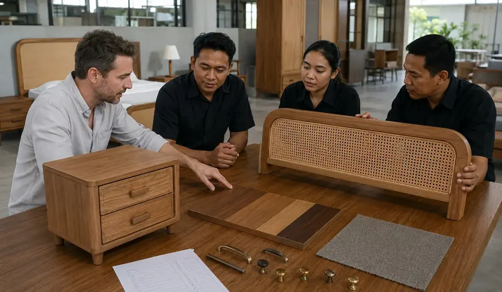 Buyer reviewing material, finish, hardware, and rattan samples before approving a bedroom furniture collection.