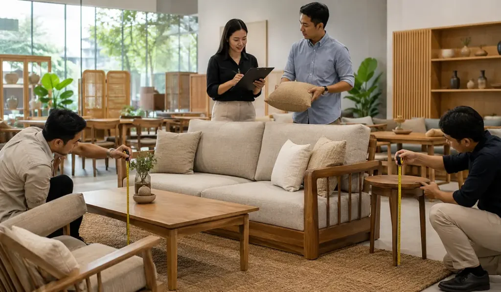 Buyer checking sofa, coffee table, and side table proportions before furniture production.