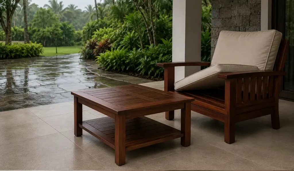 Covered mahogany outdoor chair positioned away from standing water with its cushion lifted for airflow after rain