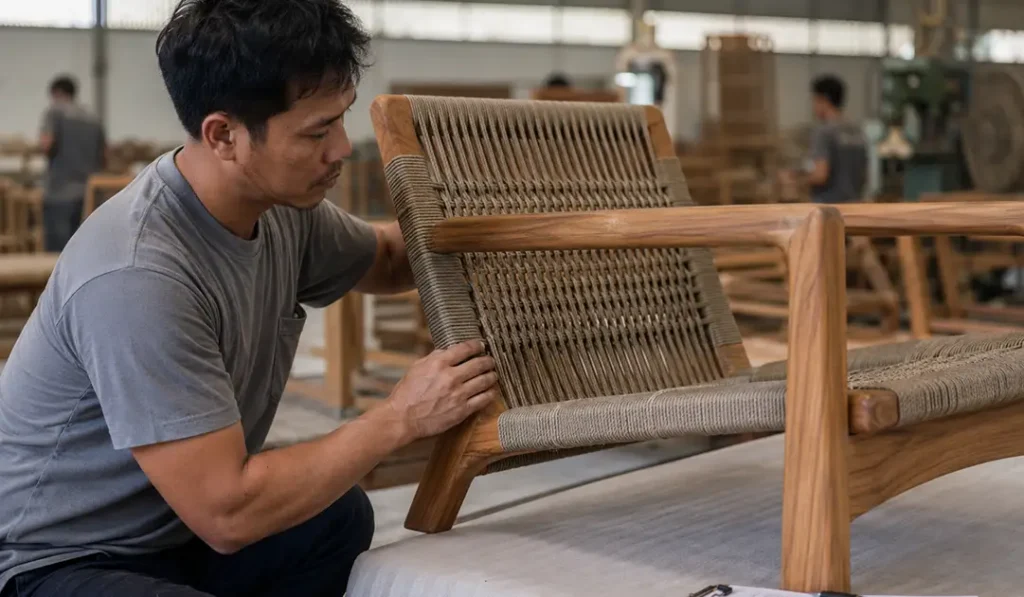 Teak and rope outdoor furniture inspection for stable rope tension and outdoor performance
