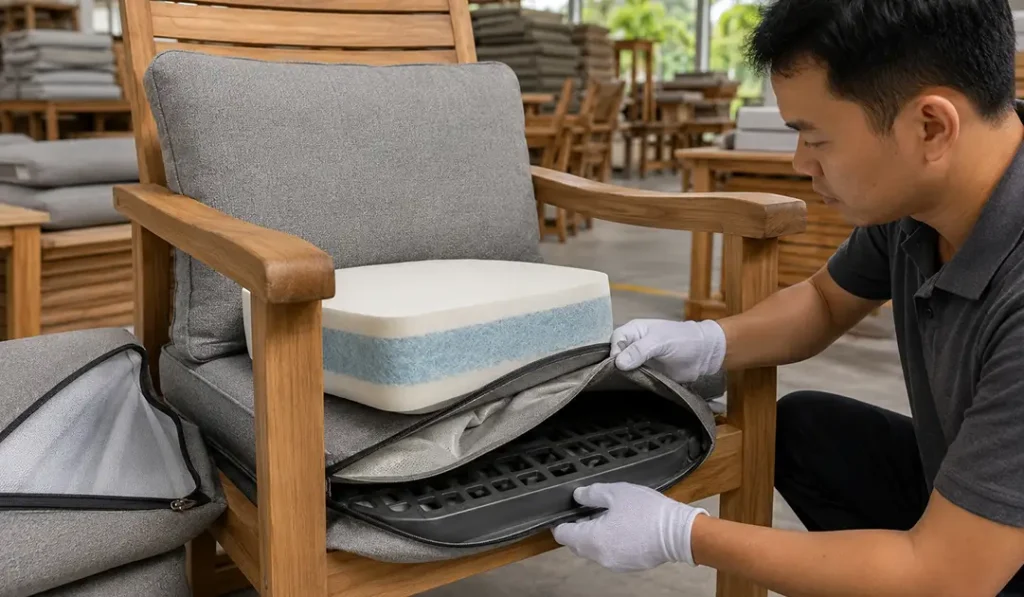 Weather resistant outdoor furniture cushion inspection with outdoor fabric and quick-dry foam system