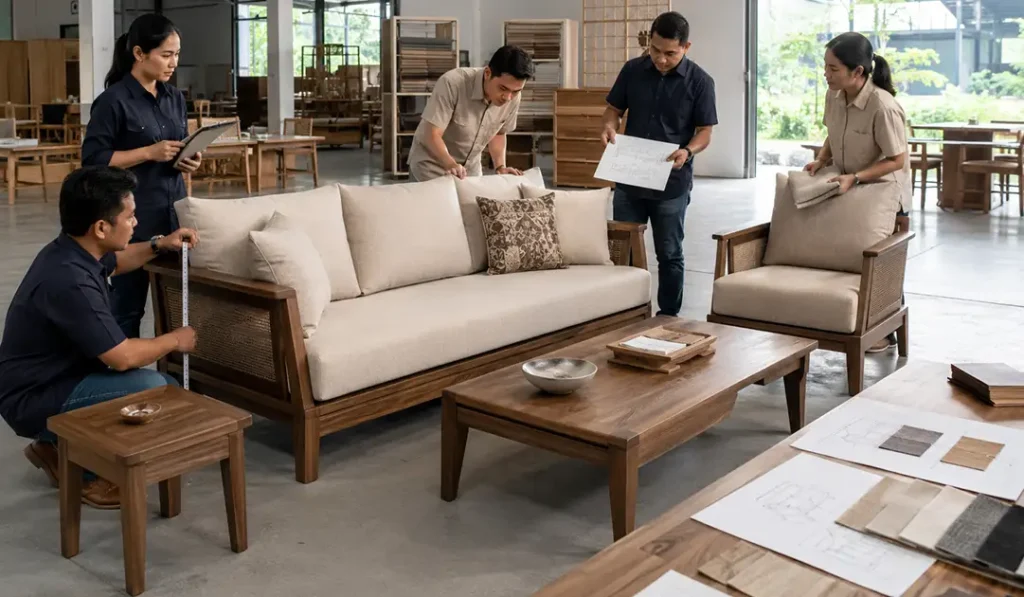 Sofa sample used as the main scale reference for a living room furniture collection