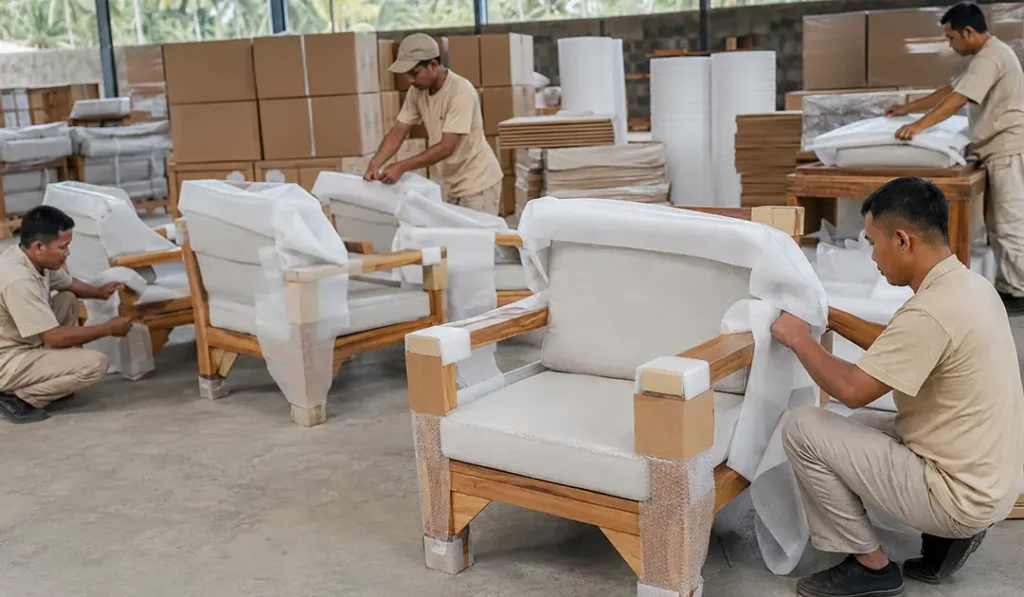 Indonesian teak patio furniture packing preparation for weather resistant outdoor furniture shipment