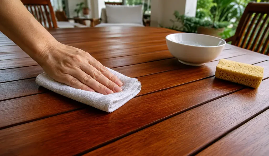 A soft cloth being used to gently clean a finished mahogany outdoor table with mild detergent and water