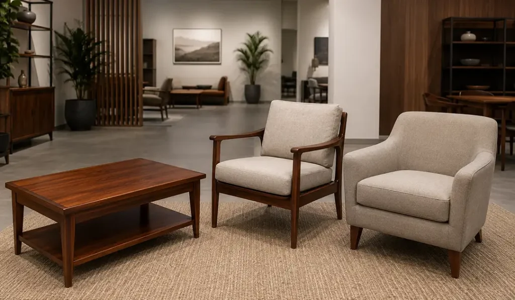 Mahogany living room furniture price and value across tables, exposed-frame chairs, and upholstered seating