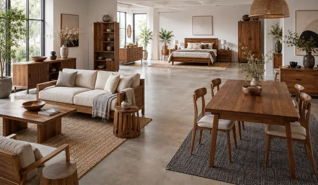 Indoor furniture manufacturer showroom displaying furniture for multiple rooms