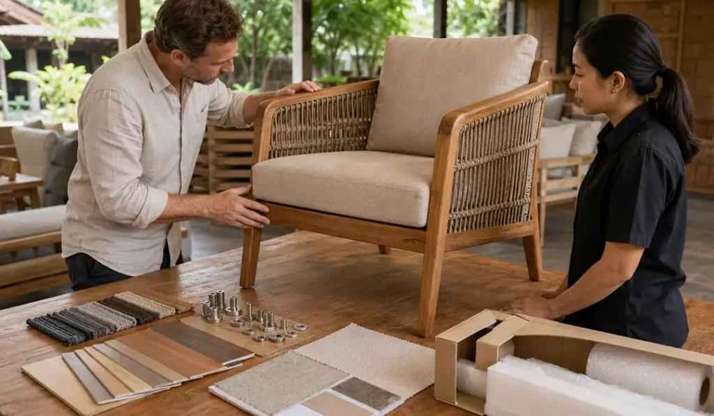 Weather resistant outdoor furniture sourcing checklist with teak, rope, cushion, finishing, hardware, and packing review