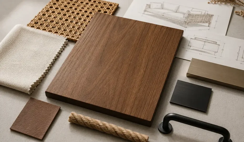 Material coordination table for cohesive living room furniture collection development.