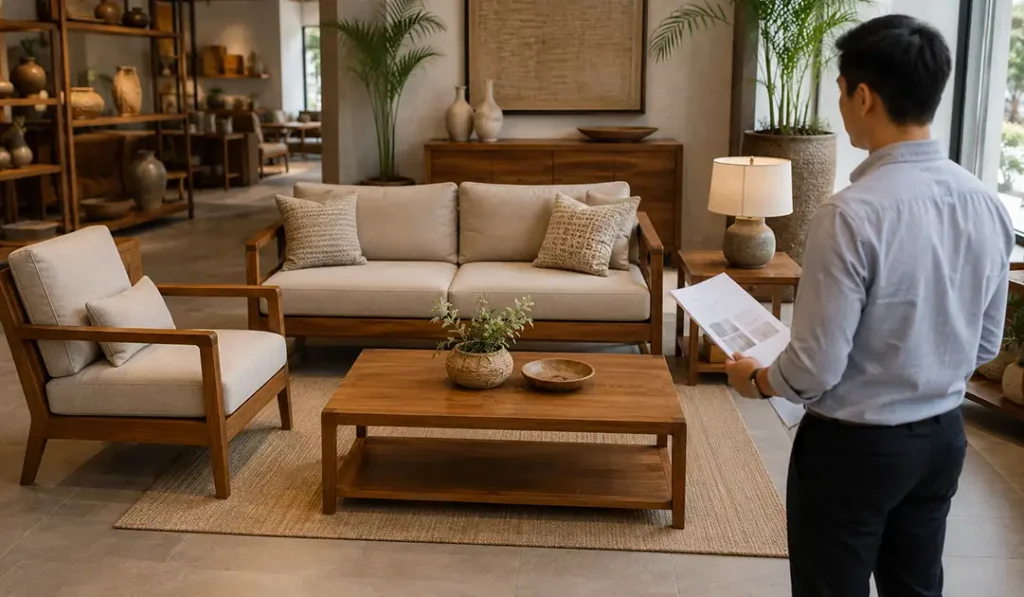 Retail buyer reviewing living room furniture collection before checking technical specifications.