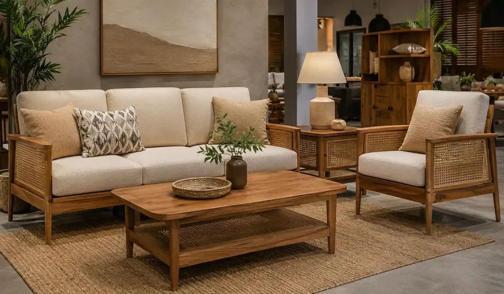 Modern rustic living room design Sellable living room furniture collection with sofa, lounge chair, coffee table, and side table in a premium showroom.