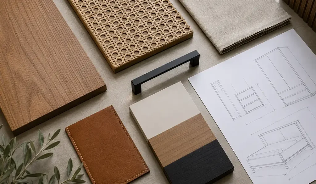 Material hierarchy for mix and match bedroom furniture using wood, rattan, fabric, leather, and hardware.