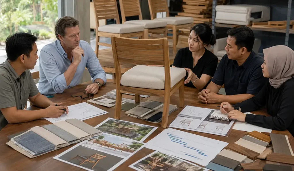 Retail buyer and Indonesian manufacturer reviewing outdoor furniture samples and production plans before the peak selling season.