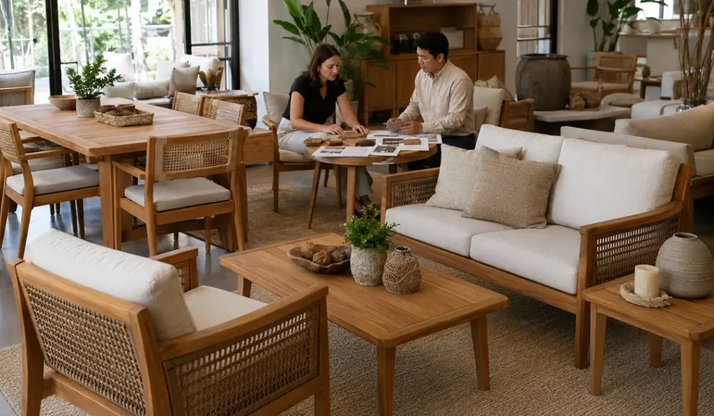 Retail buyer and furniture developer reviewing a cohesive Indonesian outdoor collection with matching materials, finishes, and design details.