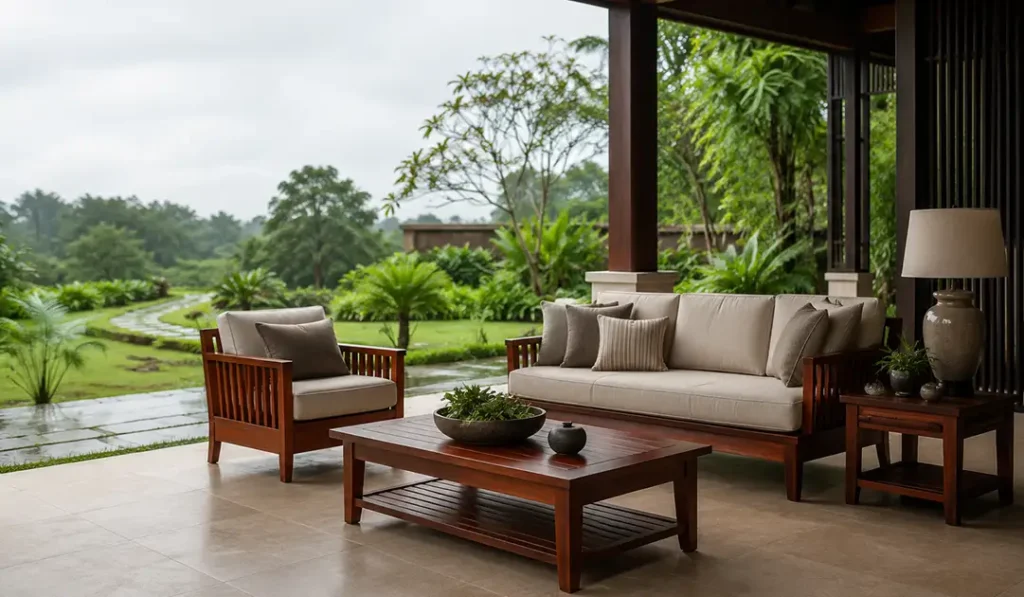 Protecting Mahogany Outdoor Furniture in a Covered Patio Mahogany outdoor furniture arranged on a covered patio protected from direct rain and strong sunlight