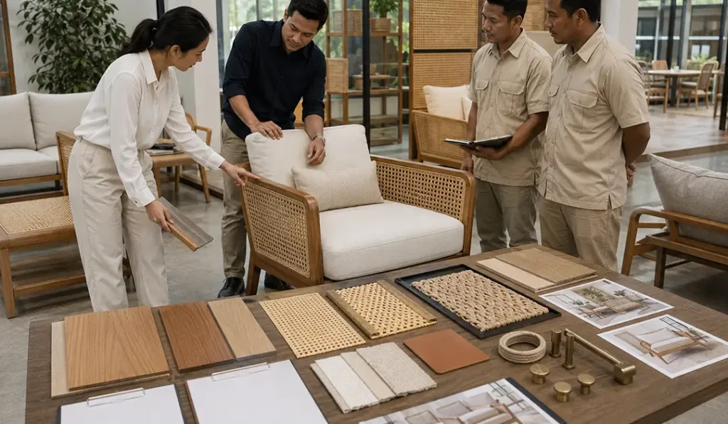 Sample approval process for custom living room furniture with wood finish, rattan shade, fabric, leather, rope, and metal standard references