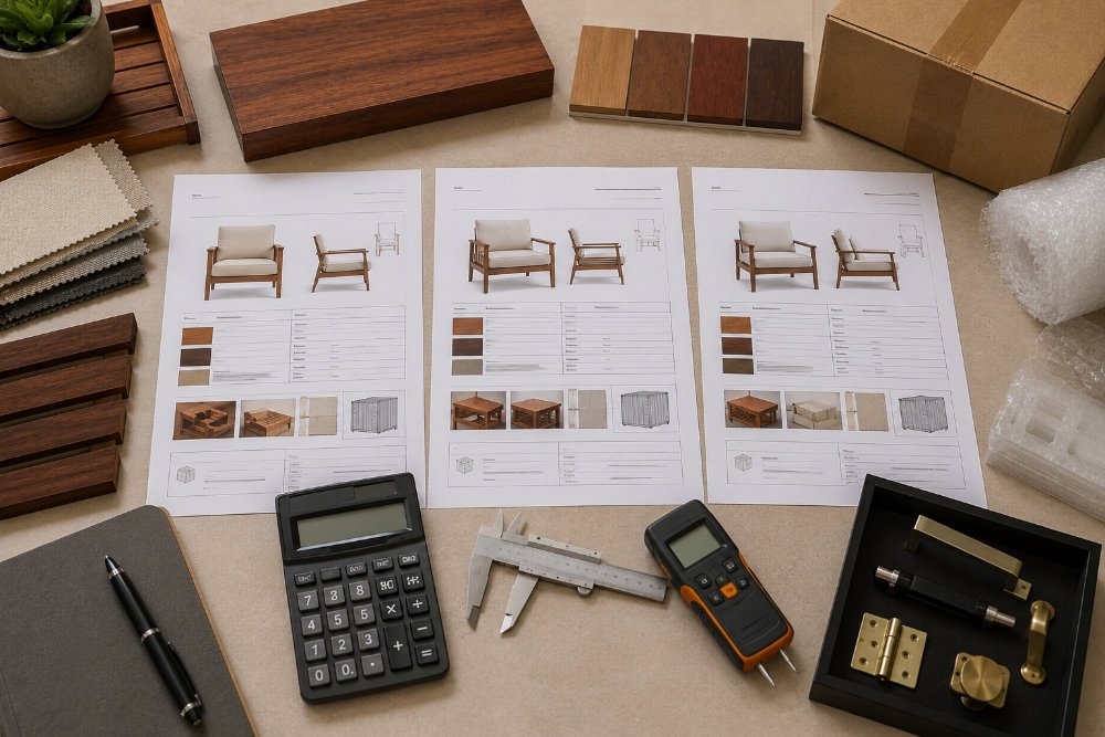 Retailer comparing mahogany furniture supplier specifications, finishes, moisture targets, and packaging